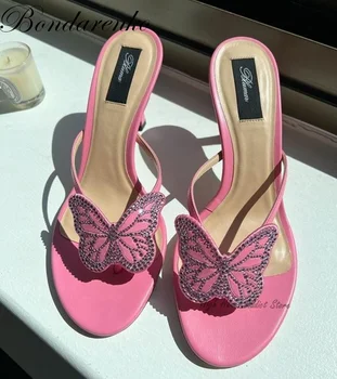 Розовые хрустальные сандалии-бабочки, женские туфли на высоком каблуке-шпильке, Дизайнерские вечерние пляжные туфли-шлепанцы Лето 2023