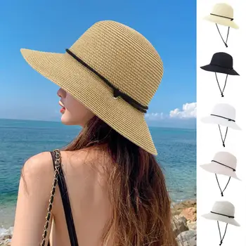 Пляжные шляпы Взрослые Женские Солнцезащитные кепки Простые женские соломенные шляпы Летние солнцезащитные кепки для женщин Женские дорожные кепки со складывающимся бантом Женские