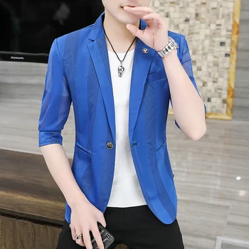 Синие Полые Летние Тонкие куртки в корейском стиле Для мужчин, Прозрачные Тонкие Приталенные блейзеры, мужская прозрачная одежда для клубных вечеринок