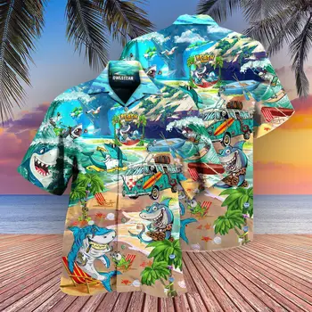 Новая мужская рубашка Cute Shark с коротким рукавом, кубинский гавайский топ, 3D мужские и женские повседневные рубашки