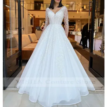 Свадебное платье принцессы, расшитое бисером, аппликации, кружево, Дубайское бальное платье с длинными рукавами, корсет, Саудовское Арабское свадебное платье на заказ