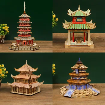 3D Деревянный пазл Эйфелева башня, Пекинский храм, Башня Юэян, Конструкторы, пазлы, Развивающие игрушки для детей, подарки
