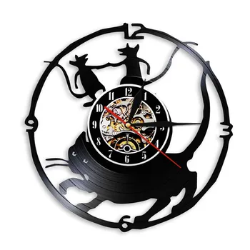 Настенные часы в виде кошки-мышки Современный дизайн, Силуэт Китти и Мышки, Тень, Виниловая пластинка, Настенные часы, Креативный декор для дома