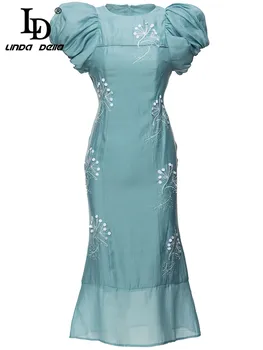 LD LINDA DELLA Новое Летнее Модное платье для подиума 2023 года Женское Пышное платье с коротким рукавом и вышивкой Винтажное Вечернее платье Миди