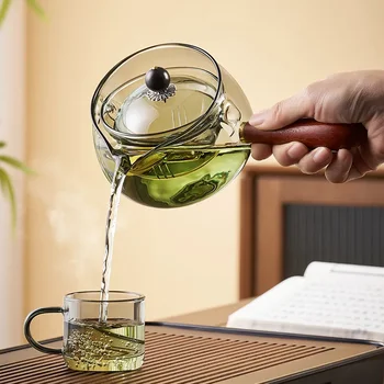 Китайский чайник для чайной церемонии из чистого стекла с деревянной ручкой, прозрачный чайный сервиз с боковой ручкой, чайник для чая Кунг-фу для чистого преломления