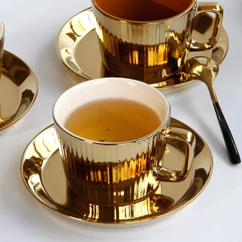 Керамический набор кофейных чашек и блюдец, Позолоченная кружка, домашняя простая чашка для молока, чашка для послеобеденного чая