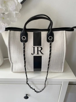 Персонализированный холст с монограммой, кремовый и черный в полоску, сумка-тоут, оригинальная сумка, пляжная сумка, подарок невесте, сумка на цепочке на день рождения.