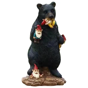 Черный медведь Ест гномов Забавная статуя креативное украшение из смолы в помещении на открытом воздухе Сад Газон Патио наружные украшения