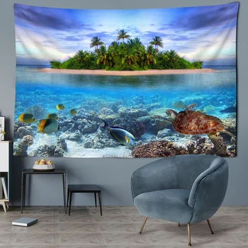 Картина с островным пейзажем, Гобелен, Настенная Черепаха, Рыба, Эстетическая комната, Богемная природа, Искусство, Тайна домашнего декора